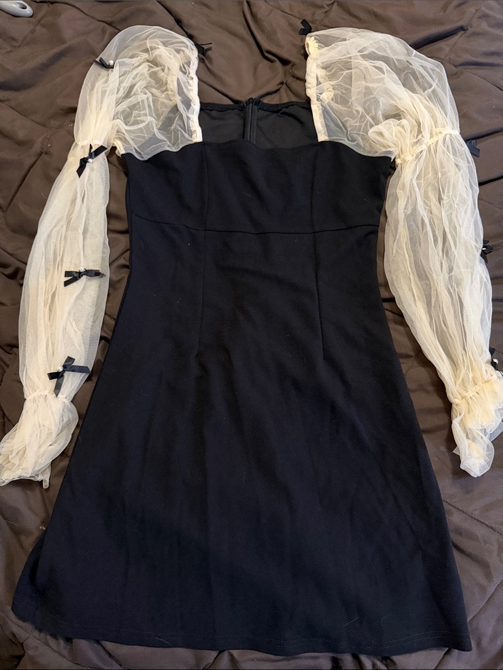 SHEIN Black Mini Dress with Ivory Sheer Puff Sleeves